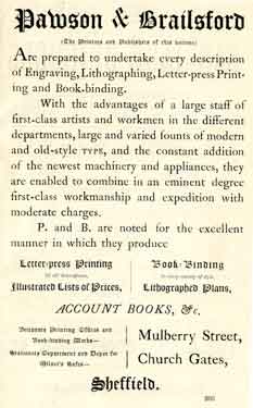Advertisement for Pawson and Brailsford, printers, Mulberry Street and Church Gates