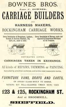 Advertisement for Bownes Brothers, carriage builders and harness makers, Rockingham Carriage Works, Nos. 123-125 Rockingham Street