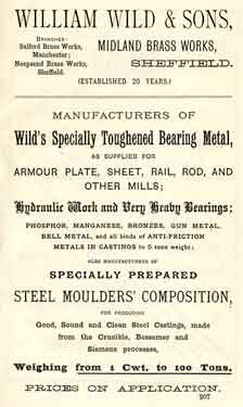 Advertisement for William Wild and Sons, manufacturers of toughened bearing metal, Midland Brass Works, Liverpool Street, Attercliffe 