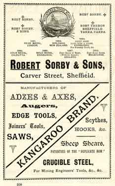 Advertisement for Robert Sorby and Sons, edge tool manufacturers, Carver Street 