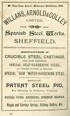 Advertisement for Willans, Arnold and Colley, manufacturers of crucible steel castings, Spanish Steel Works, Darnall