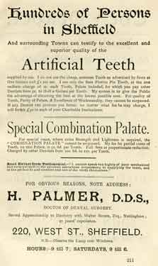 Advertisement for H Palmer, Dental Surgeon, 220 West Street