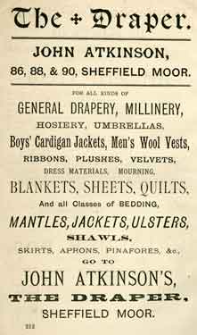 Advertisement for John Atkinson's, draper, Sheffield Moor