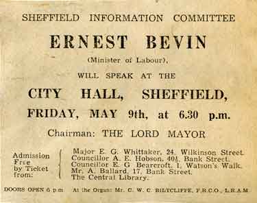 Sheffield Information Committee / Ministry of Information - Ernest Bevin, Minister of Labour, will speak at City Hall 