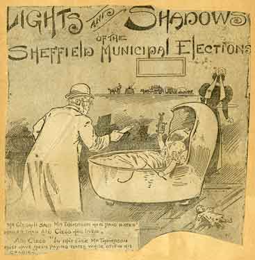 Newspaper cartoon 'Lights and Shadows of the Sheffield Municipal Elections'