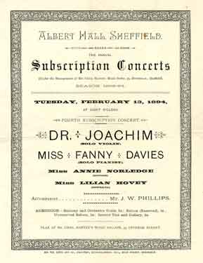 Albert Hall, Sheffield, annual subscription concerts - Dr Joachim and Miss Fanny Davies, Miss Annie Norledge and Miss Lilian Hovey
