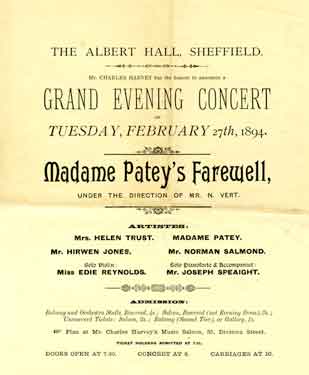 Albert Hall, Sheffield, Grand Evening Concert - Madame Patey's farewell
