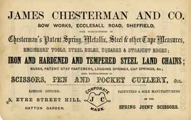 Advertisement for James Chesterman and Co., tape measures, rulers, tools, cutlery, etc., Bow Works, Ecclesall Road
