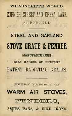 Advertisement for Wharncliffe Works, Cornish Street and Green Lane, grates, stoves and fenders, etc