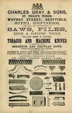 Advertisement for Charles Gray and Sons, steel refiners, tool and knife manufactures, etc., St Philip's Works, Watery Street