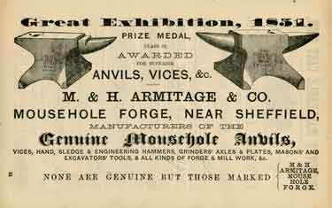 Advertisement for M. and H. Armitage and Co., manufacturers of the genuine Mousehole anvils, etc., Mousehole Forge, River Rivelin