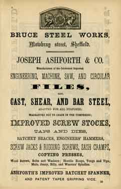 Advertisement for Joseph Ashforth and Co., files, taps and dies, etc., Bruce Steelworks, Mowbray Street