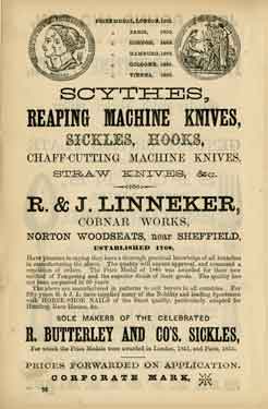 Advertisement for R. and J. Linneker, manufacturers of scythes, reaping machine knives, sickles, Cobnar Works, Norton Woodseats