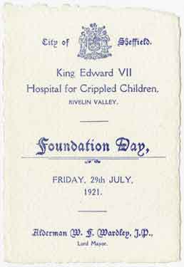 King Edward VII Hospital for Crippled Children, Rivelin Valley: programme of Foundation Day, Friday 29th July 1921 (front)