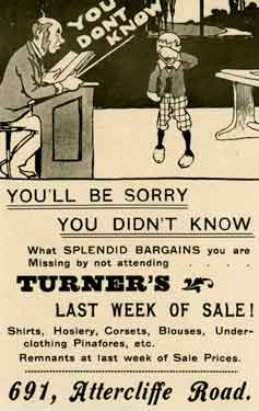 Advertisement for C. A. Turner and Co., shirt and drapery warehouse, No. 691 Attercliffe Road