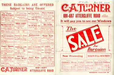 Advertisement for C. A. Turner and Co., shirt and drapery warehouse, No. 691 Attercliffe Road - the sale for bargains