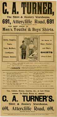 Advertisement for C. A. Turner and Co., shirt and drapery warehouse, No. 691 Attercliffe Road - men's, youth's and boy's shirts