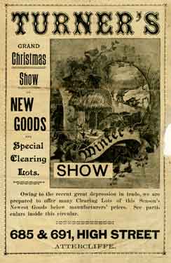 Advertisement for C. A. Turner and Co., shirt and drapery warehouse, No. 691 Attercliffe Road - grand Christmas show of new goods ...