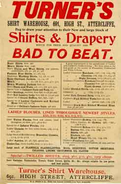 Advertisement for C. A. Turner and Co., shirt and drapery warehouse, No. 691 Attercliffe Road - shirts and drapery