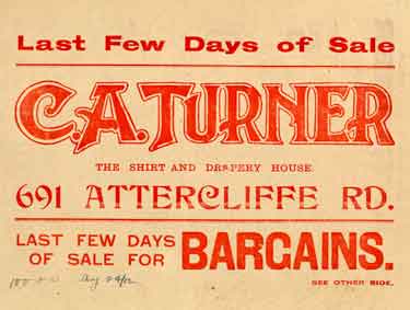 Advertisement for C. A. Turner and Co., shirt and drapery warehouse, No. 691 Attercliffe Road - last few days of sale for bargains