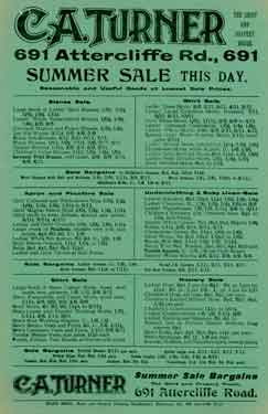 Advertisement for C. A. Turner and Co., shirt and drapery warehouse, No. 691 Attercliffe Road - summer sale