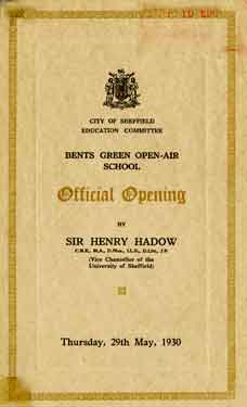 Bents Green Open Air School: official opening by Sir Henry Hadow, Thursday 29th May 1930