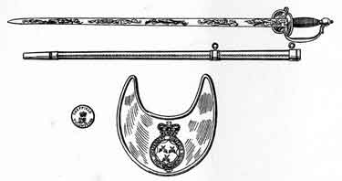 Thomas Asline Ward's sword, an epaulette of his uniform, and the Regimental Button of the Sheffield Volunteers
