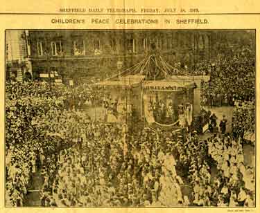 Children's Peace Celebrations in Sheffield. The scene at the Town Hall, showing two of the Tableaux.