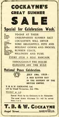 Advertisement for T. B. and W. Cockayne's great summer sale in support of the National Peace Celebration Day