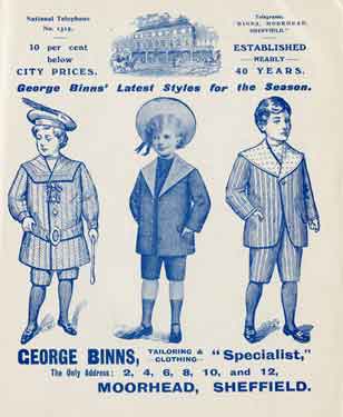 Advertisement for George Binns, tailoring and clothing, 2-12 Moorhead - latest styles for the season