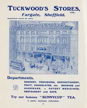 Advertisement for Tuckwood's Stores, groceries, provisions, chocolate and sweets, hardware, etc.,  Fargate