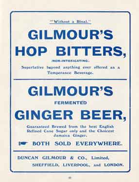 Advertisement for Gilmour's Hop Bitters (temperance beverage) and ginger beer