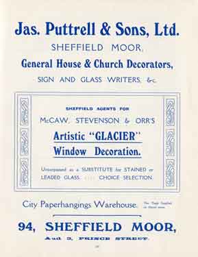 Advertisement for James Puttrell and Sons Ltd., house and church decorators, No. 94 The Moor
