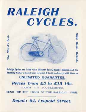 Advertisement for Raleigh cycles (Depot: 64 Leopold Street)