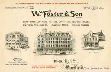 Letterhead of W. Foster and Son, clothiers, outfitters and bespoke tailors, Nos.10 -16 High Street