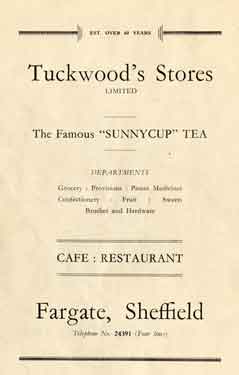 Advertisement for Tuckwood's Stores Ltd., provision merchants, No. 29 Fargate