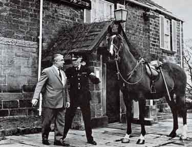 Sheffield and Rotherham Constabulary: Retired after 11 year's service, 'Prince' is returned to his original owner, Mr. Jim Wise, of The Strines Inn, by Sergeant C. Wilgose, of the Mounted Department of the Sheffield and Rotherham Police Aut