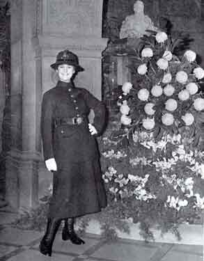Sheffield and Rotherham Constabulary: The 'Maxi' look of 1918, demonstrated by Policewoman E. Duckenfield at the Civic Dinner given by The Lord Mayor of Sheffield (in the Town Hall) to mark the 50th Anniversary of Women Police Service in the City