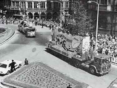The Sheffield and Rotherham Constabulary's 'Crime Prevention' float and the Road Safety Councils float 'Chitty Chitty Bang Bang' entered in the Sheffield Lord Mayor's Parade, 7th June,1969. 