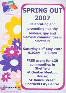 Poster advertising Spring Out - a free event for LGB communities in Sheffield 