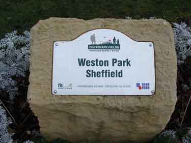 Plaque to Weston Park being a Fields in Trust Centenary Field commemorating those that lost their lives in World War One