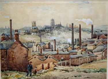 View from Rock Street (looking towards St Vincent’s and the University of Sheffield), watercolour by George E Bedford, c. 1930s