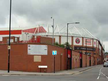 Bramall Lane Football Ground from the junction of Shoreham Street (left) and John Street (right)