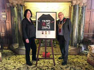 Councillor Mary Lea and Lord Mayor of Sheffield, Councillor Tony Downing with Invictus UK Trials gift presented to the city
