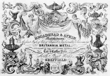 Advertisement for Broadhead and Atkin, Britannia metal manufacturers, North Street Works