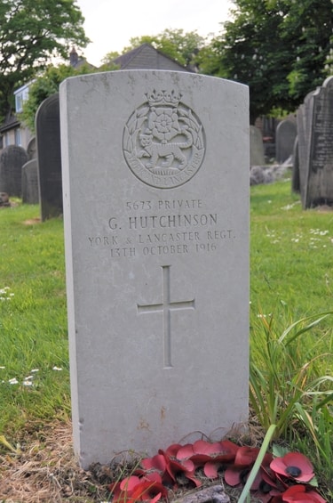 Wadsley churchyard: gravestone of Private G. Huthinson, York and Lancaster Regiment, killed, 13 Oct 1916