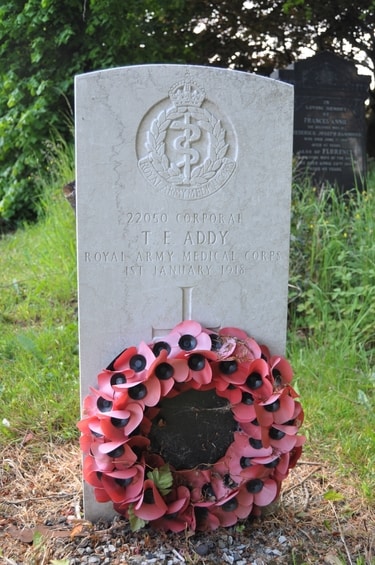 Wadsley churchyard: gravestone of Corporal T. E. Addy, Royal Army Medical corps, died 1 Jan 1918