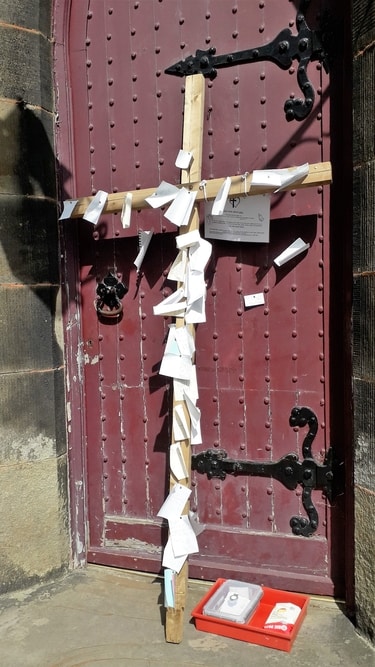 Wadsley church, Worrall Road - prayers pinned to the door during the Covid-19 pandemic lockdown