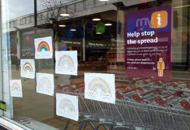 Covid-19 pandemic: rainbow window art supporting the NHS, Sainsbury's Supermarket, The Moor