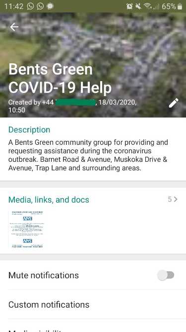 Covid-19 pandemic: screenshot of Bents Green Covid-19 Help Group